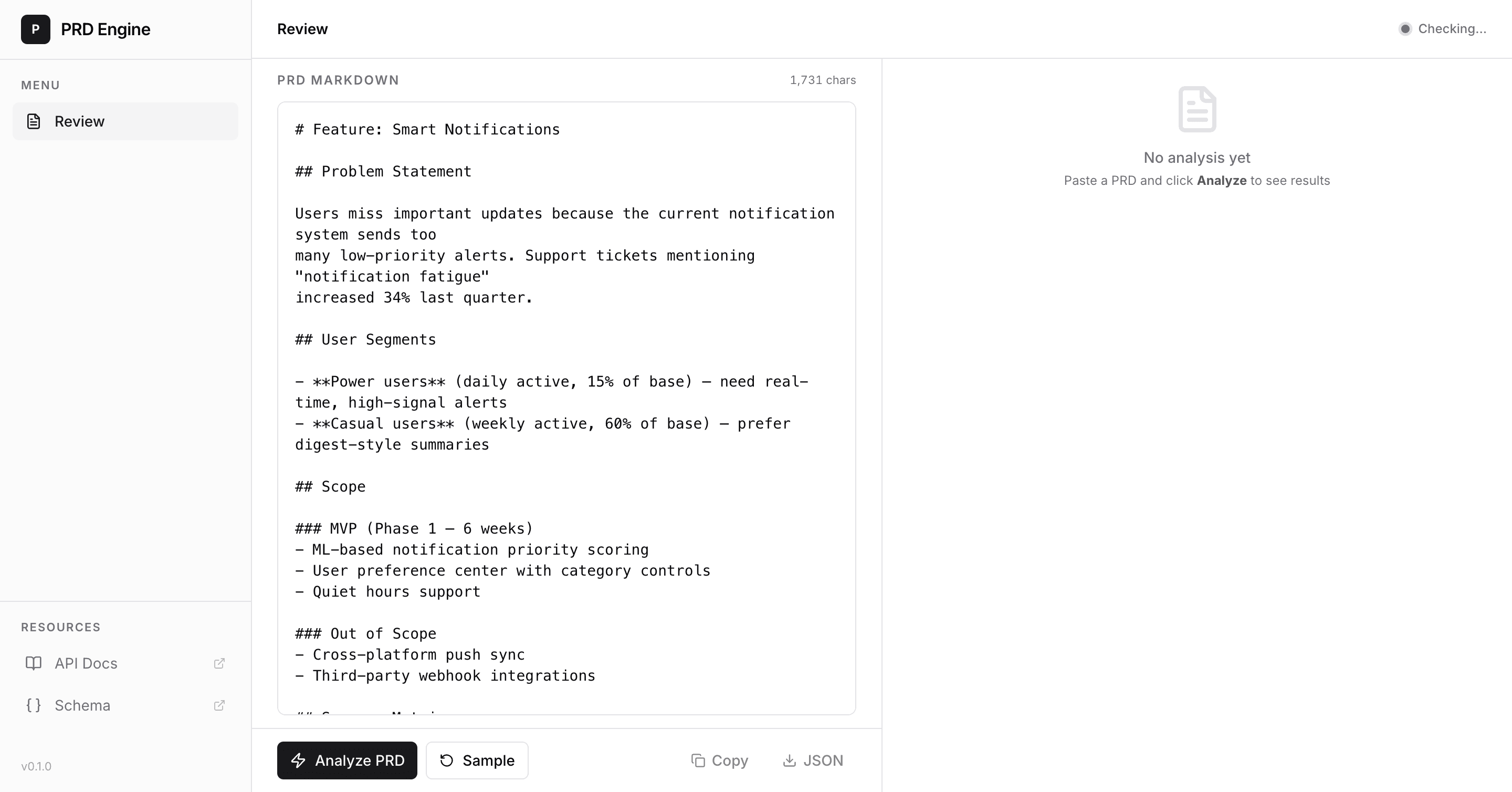 PRD Decision Engine screenshot